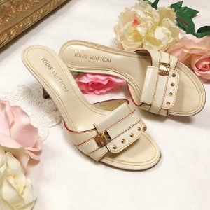 Louis Vuitton Cream Gold Buckle Mule Sandals Heels